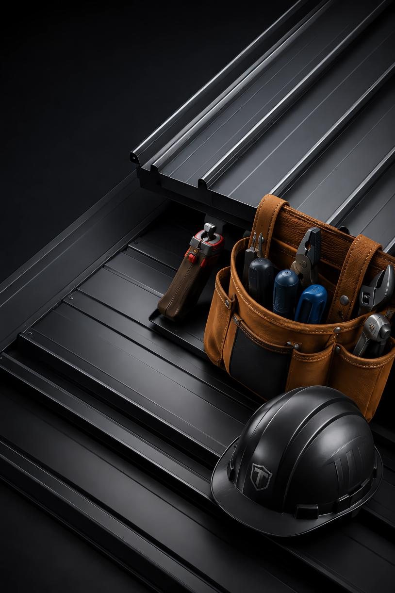 Metal roofing panels with contractor tools